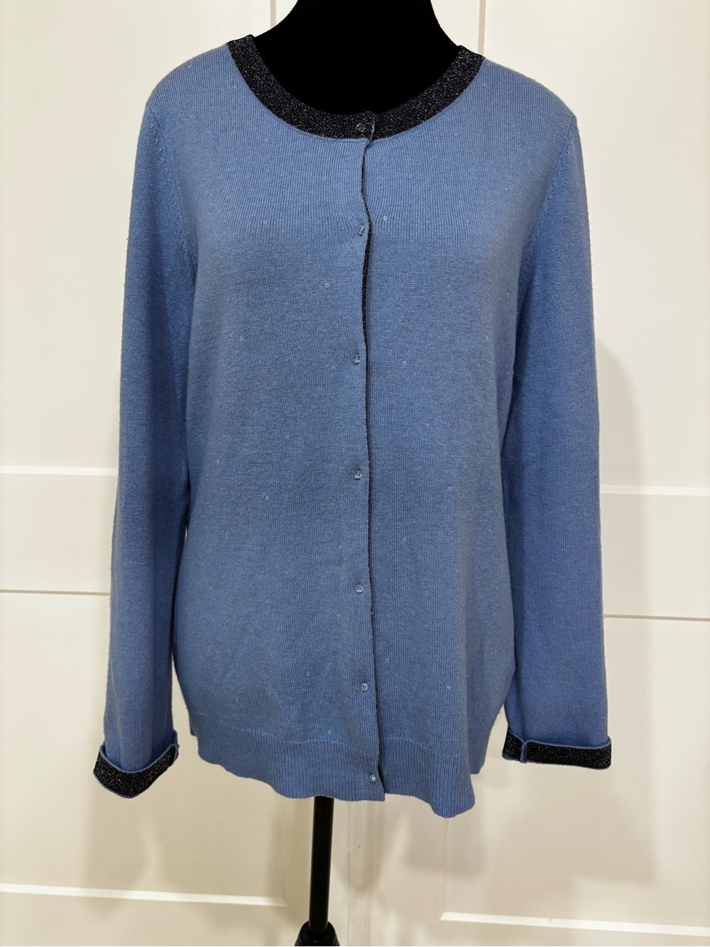Escada Slate Blue Cardigan with Black Shimmer Trim